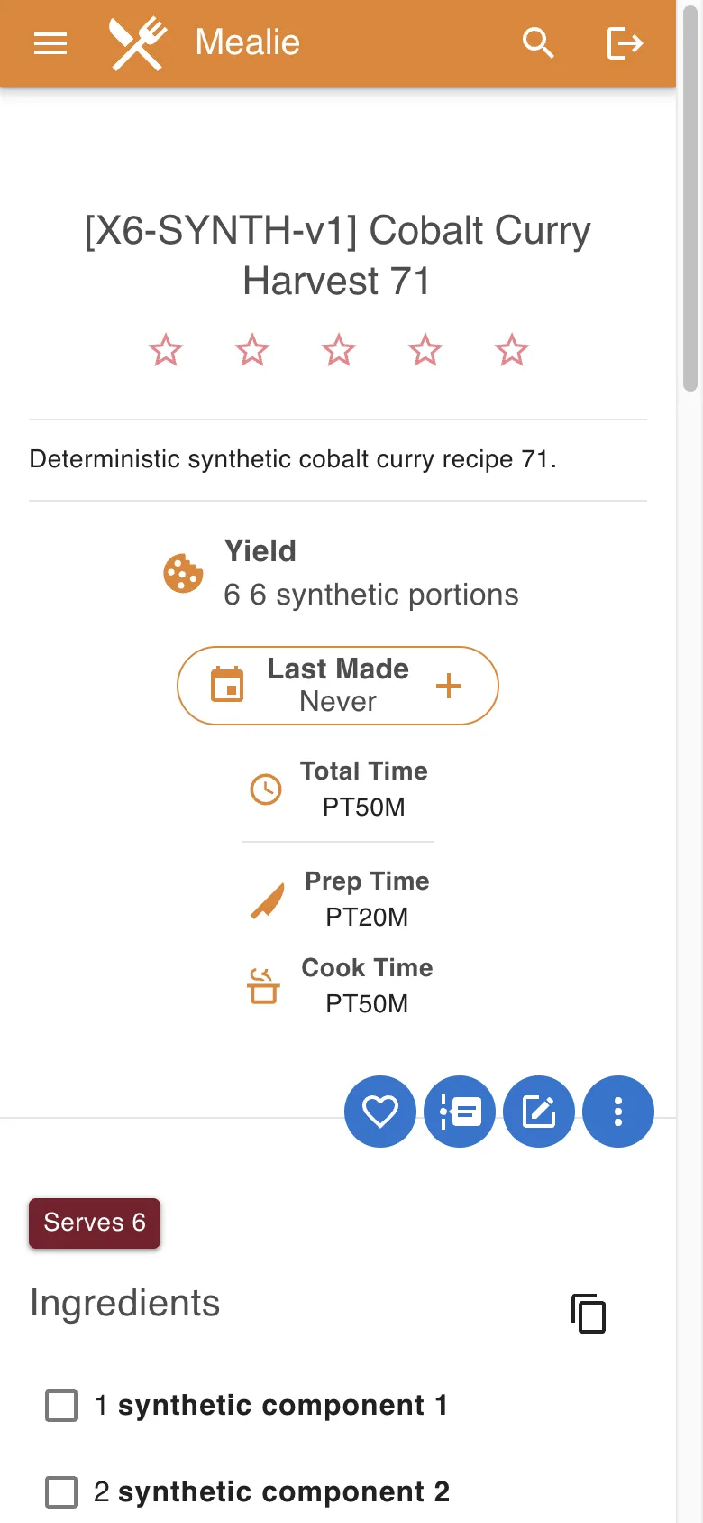 Cobalt Curry recipe detail without image in the Mealie interface
