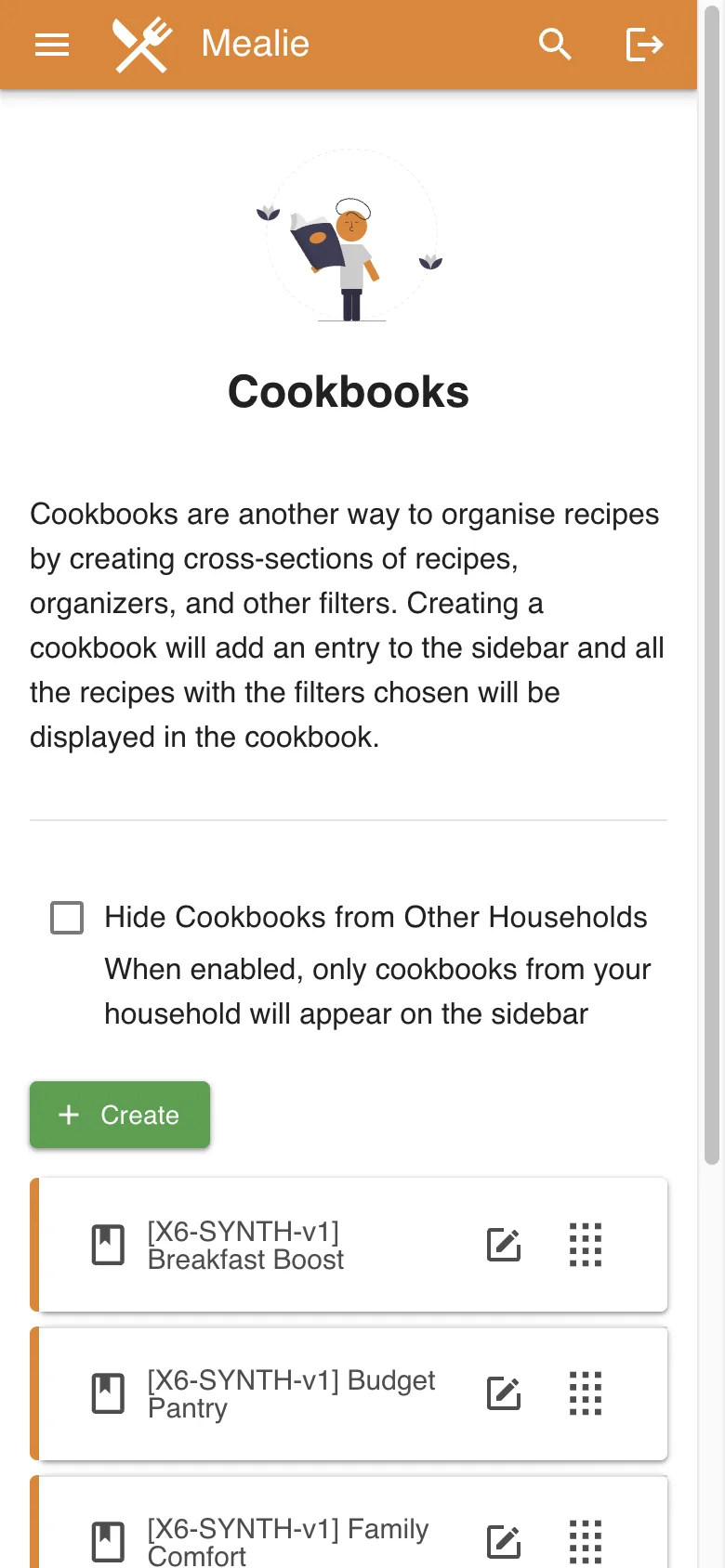 Mobile cookbooks overview with populated collections in the Mealie interface
