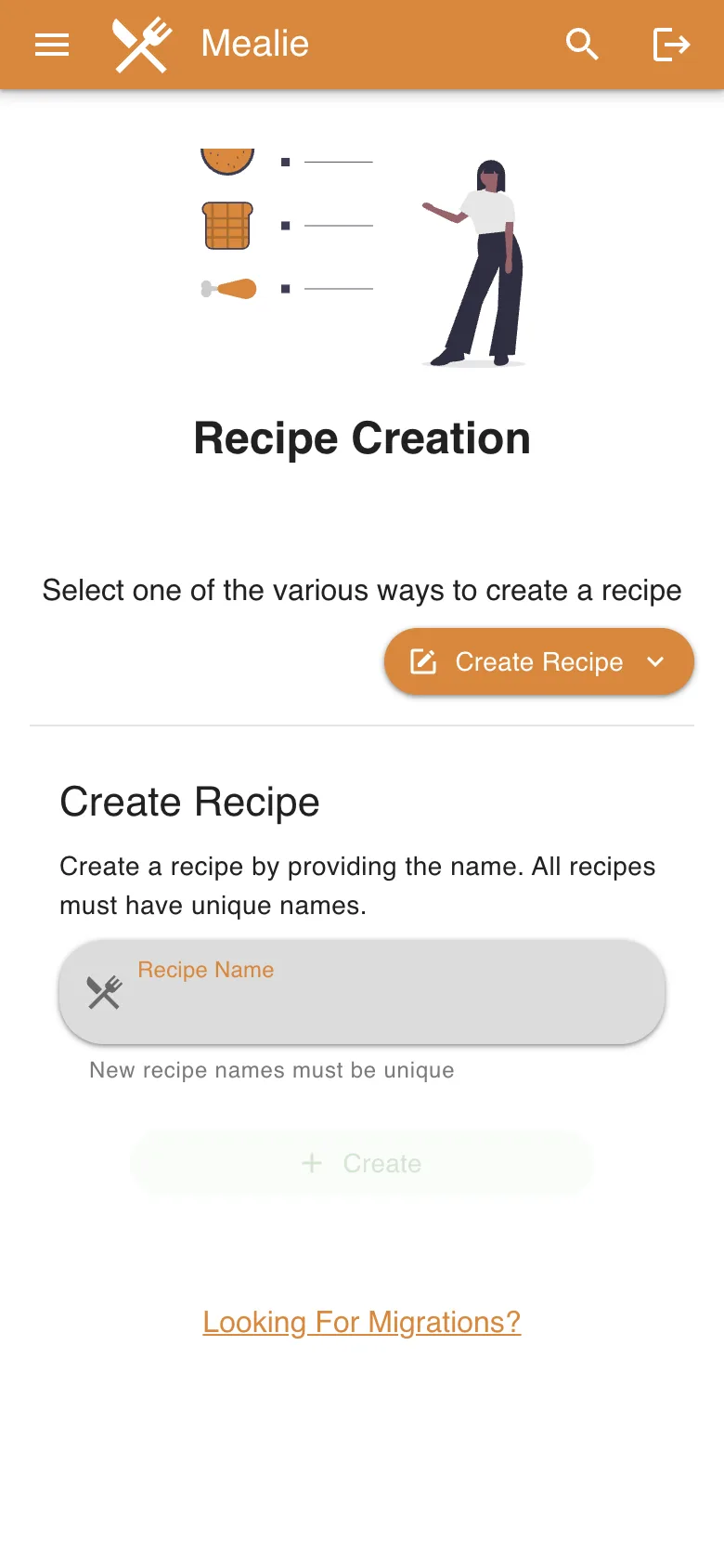 Manual recipe creation form without submission in mobile light layout in the Mealie interface