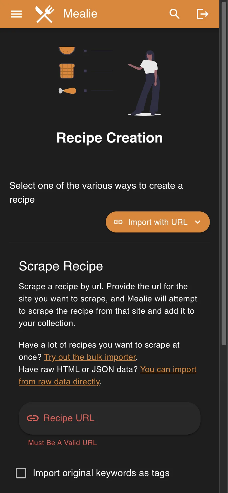 Recipe URL import form without submission in the Mealie interface