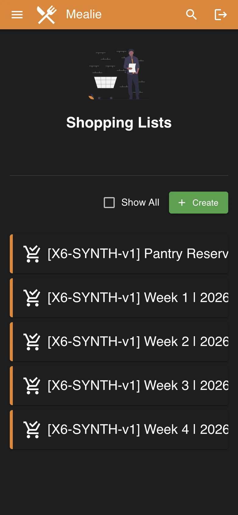Shopping lists overview with seeded weekly and pantry lists in the Mealie interface