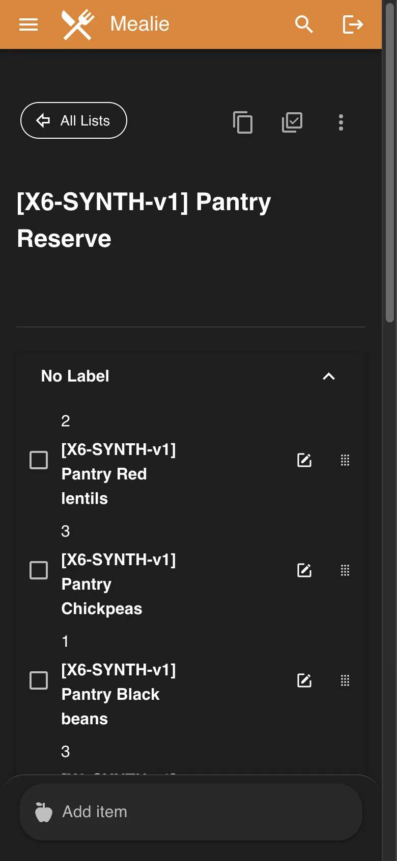 Populated Pantry Reserve shopping list in the Mealie interface