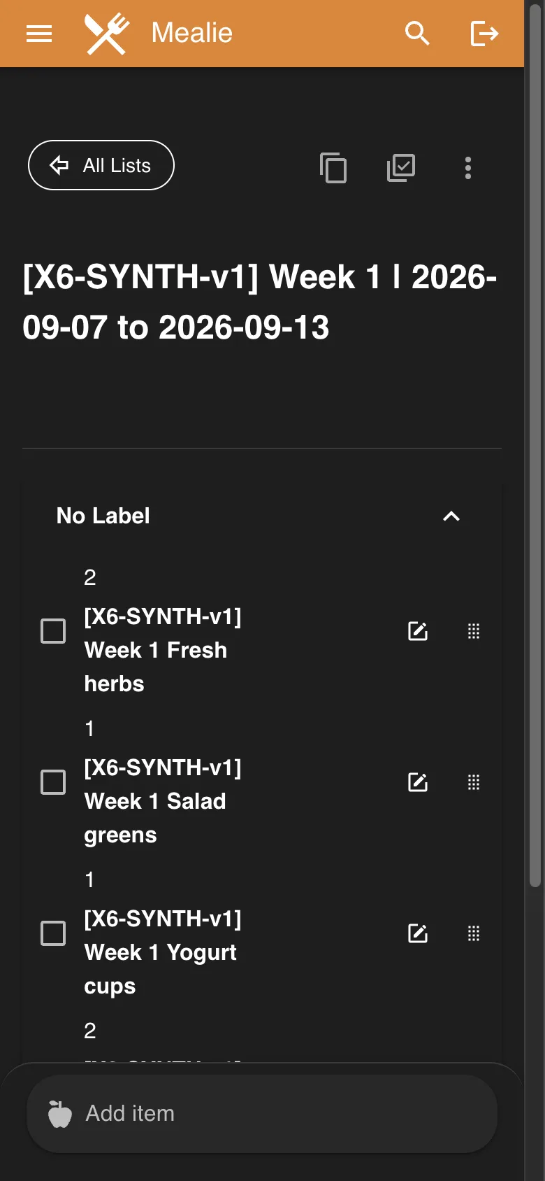 Populated Week 1 shopping list in the Mealie interface