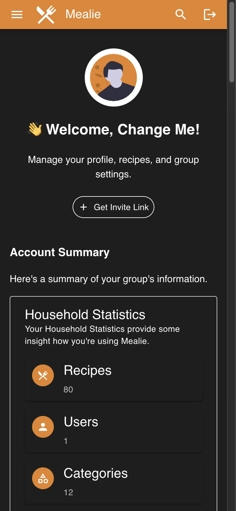 Profile overview and household statistics in the Mealie interface