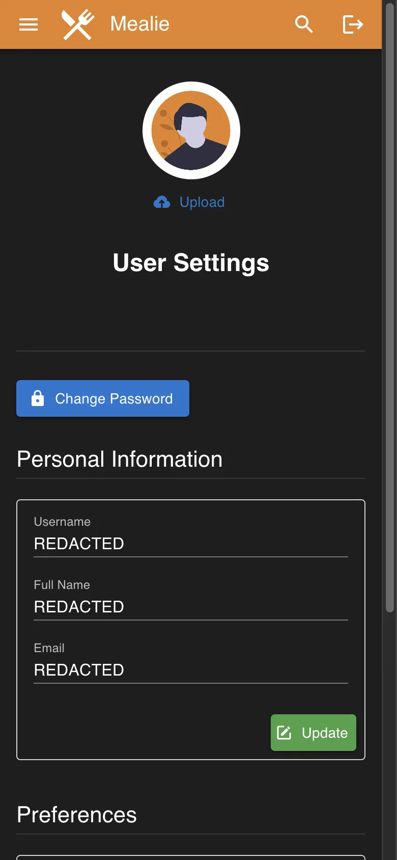 Redacted user settings and preferences in the Mealie interface