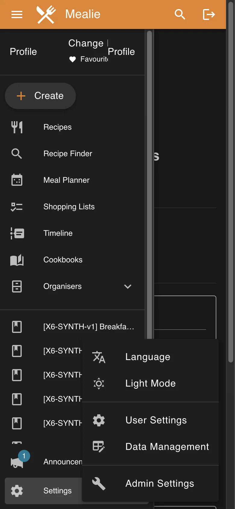 Expanded settings drawer with Light Mode theme control in the Mealie interface