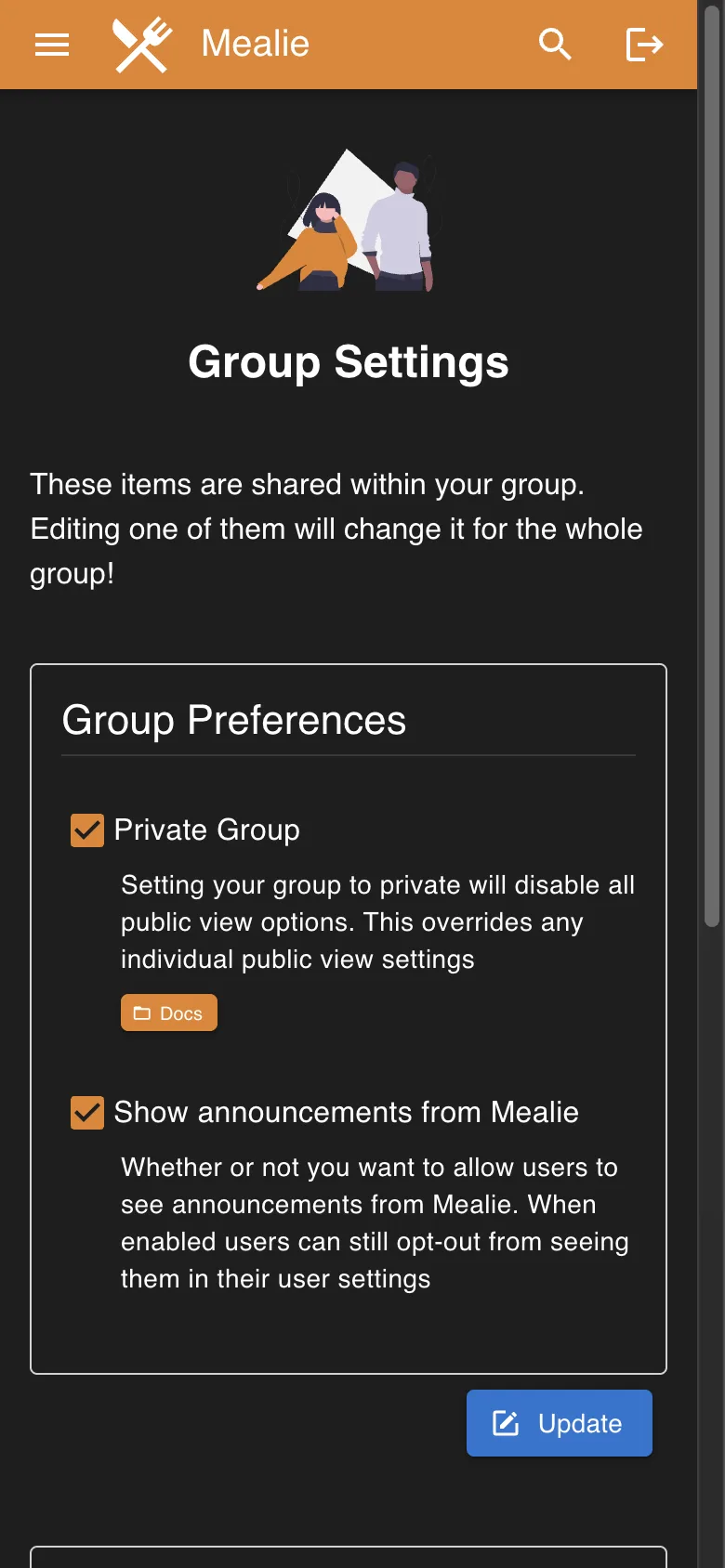 Group privacy and announcement settings in the Mealie interface