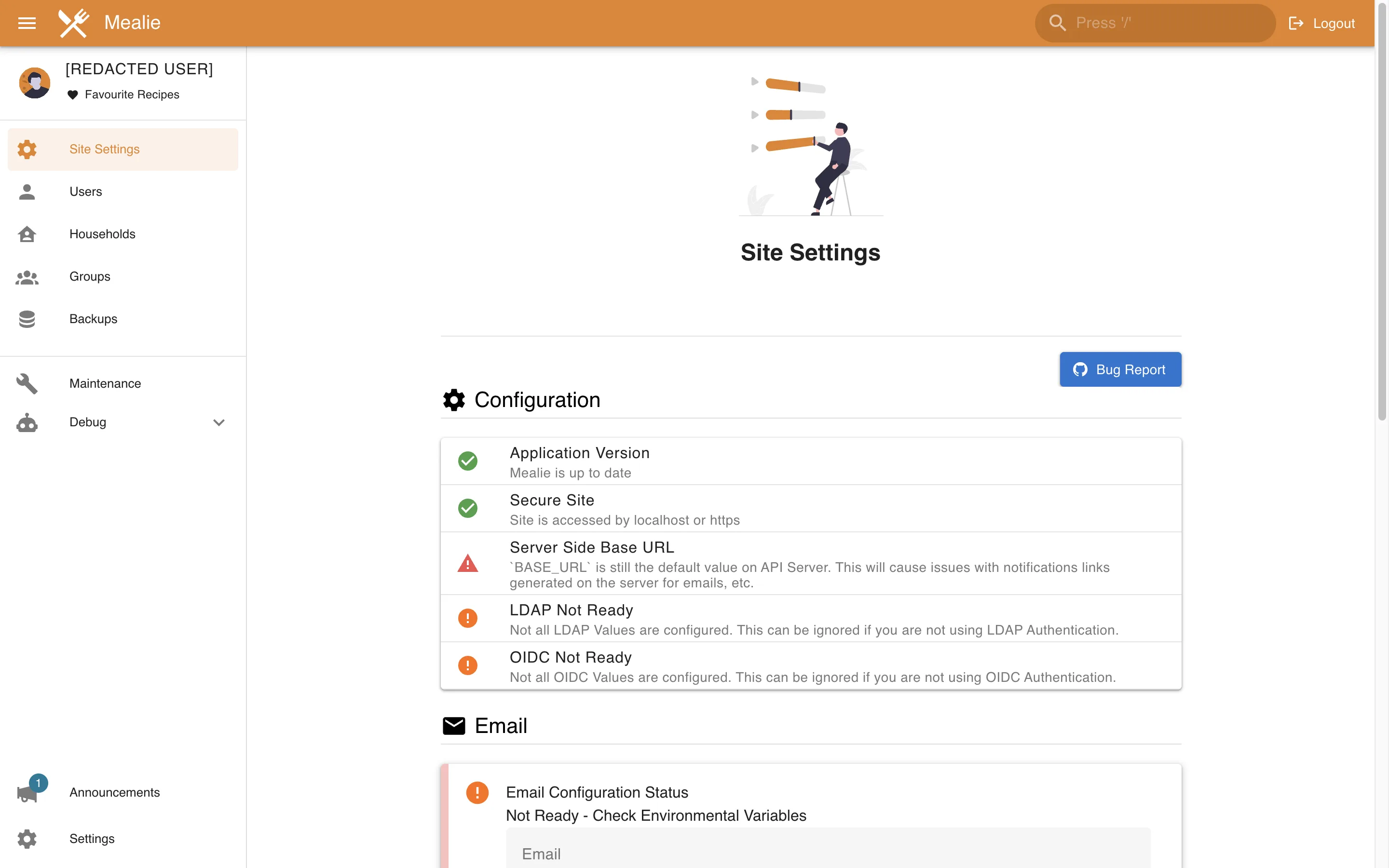 Administrator site configuration status and email readiness in the Mealie interface