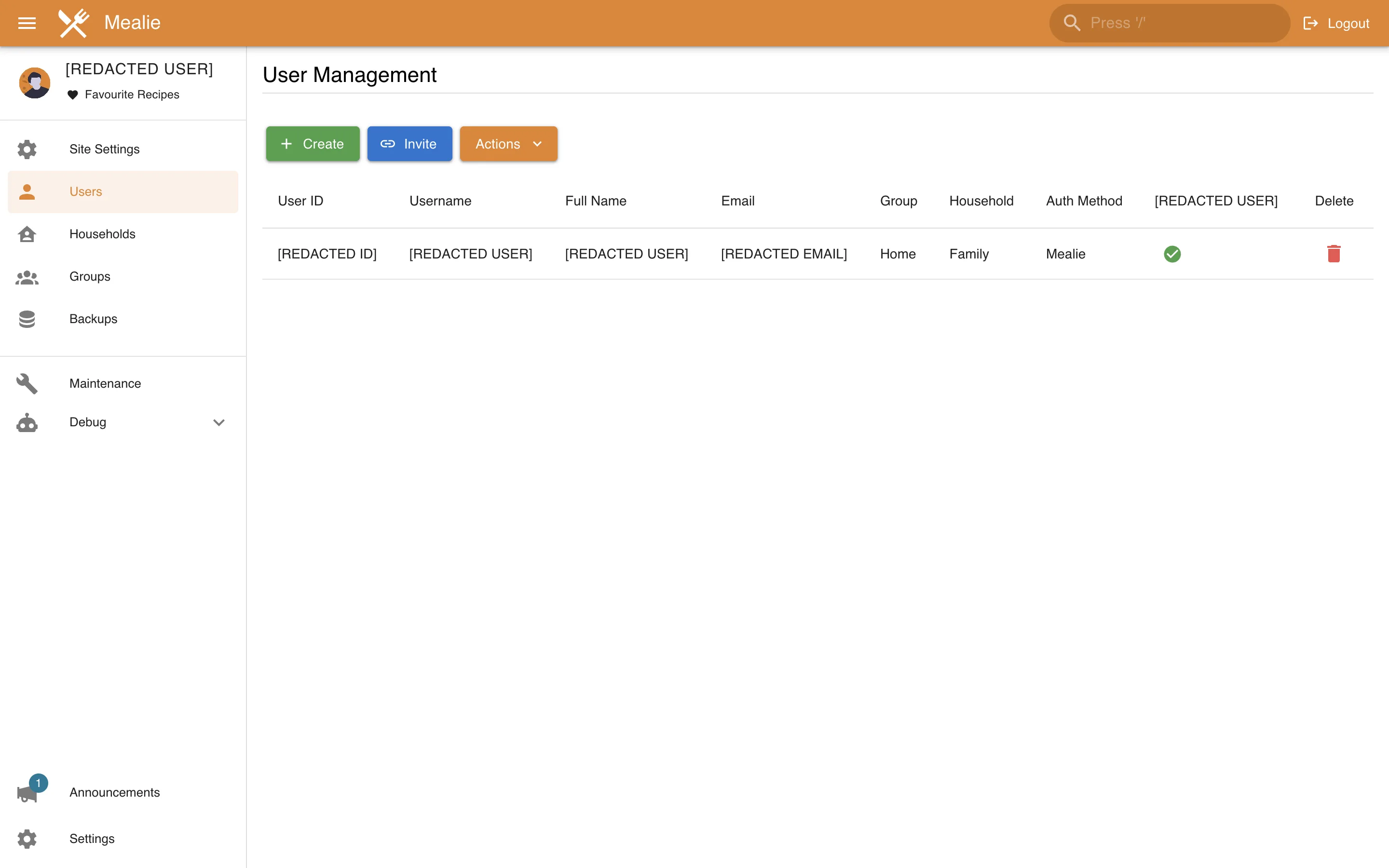 Redacted administrator user management table in the Mealie interface