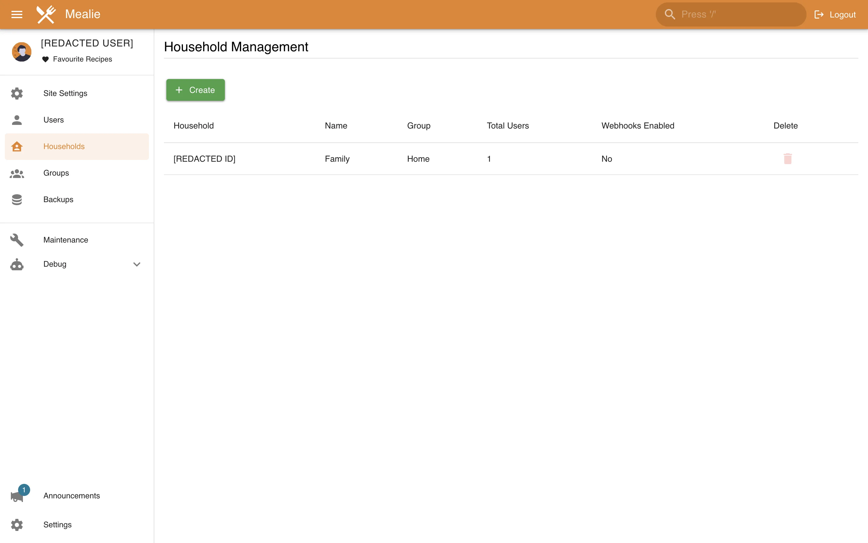 Redacted administrator household management in the Mealie interface