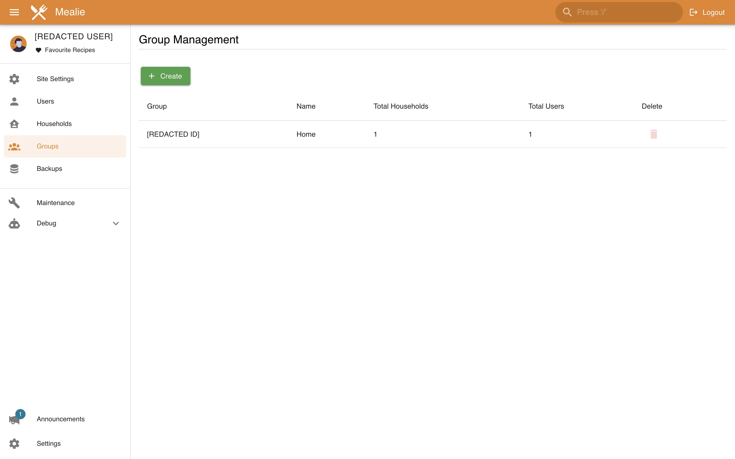 Redacted administrator group management in the Mealie interface