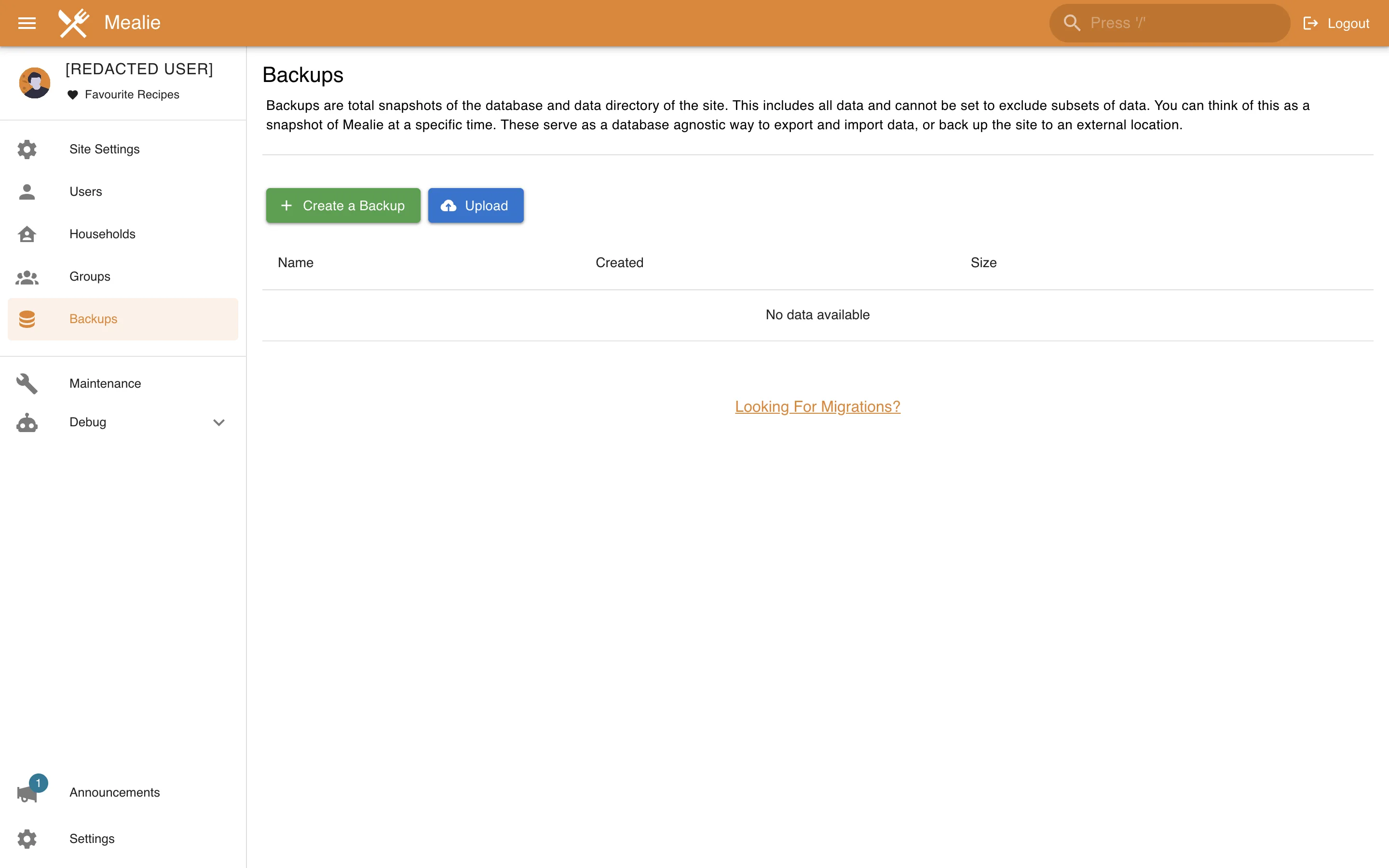 Backup administration screen without running a backup in the Mealie interface