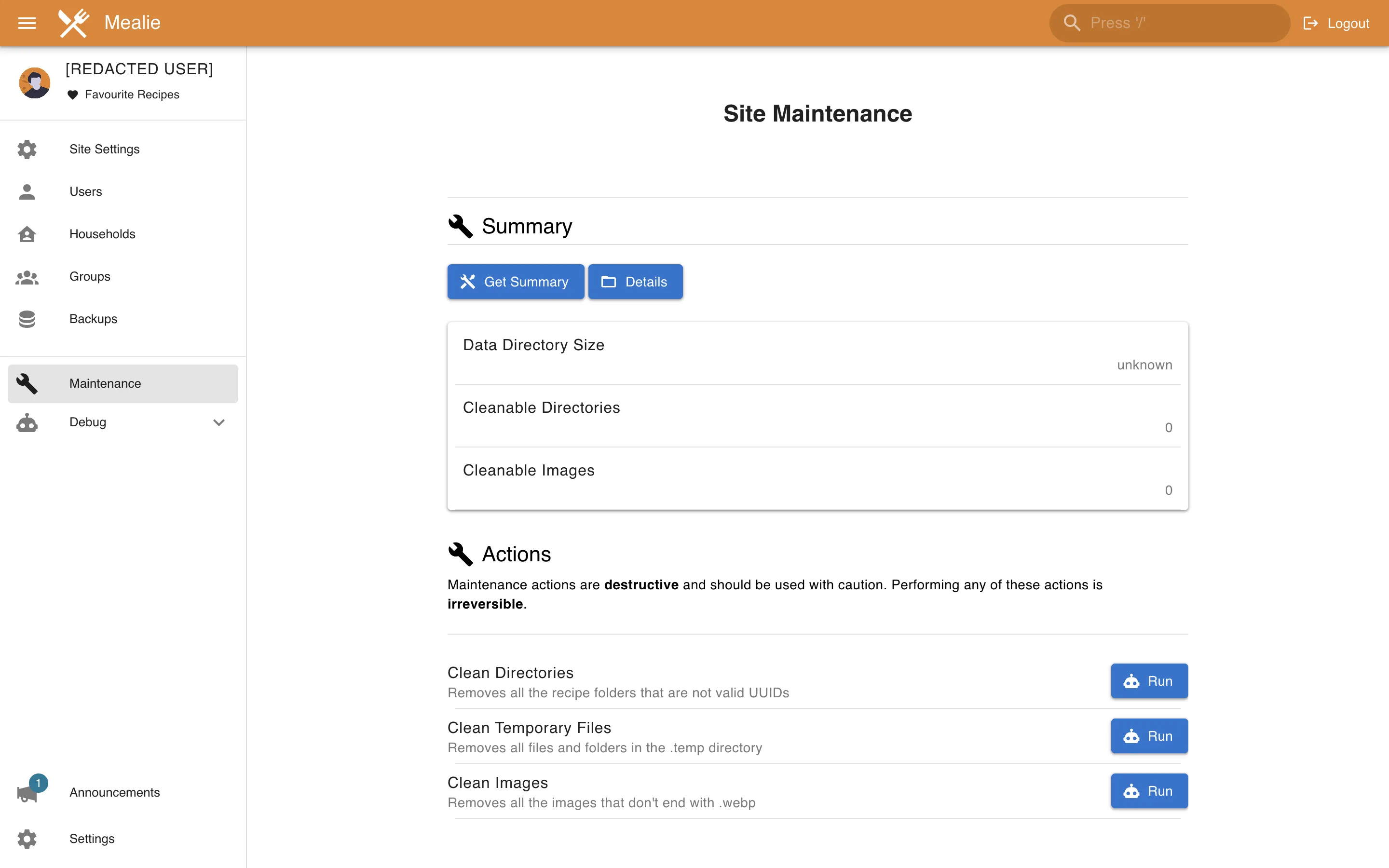 Site maintenance controls without executing tasks in the Mealie interface
