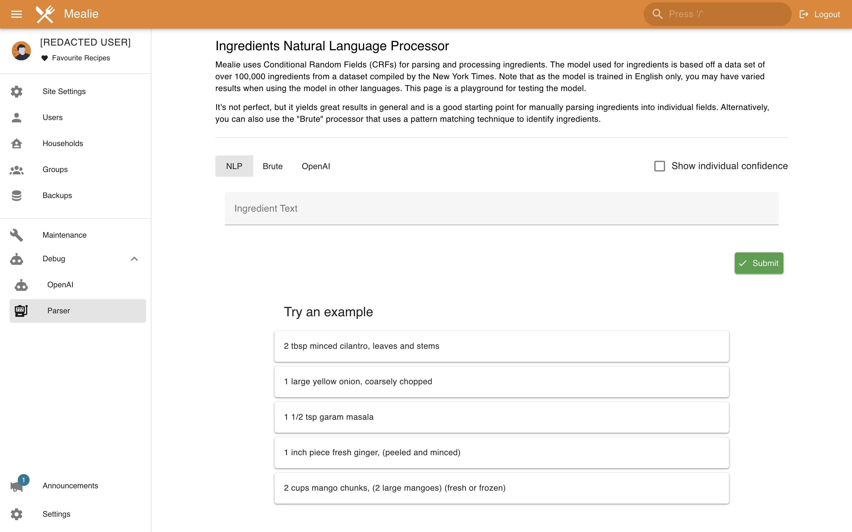 Recipe parser diagnostic interface with empty inputs in the Mealie interface