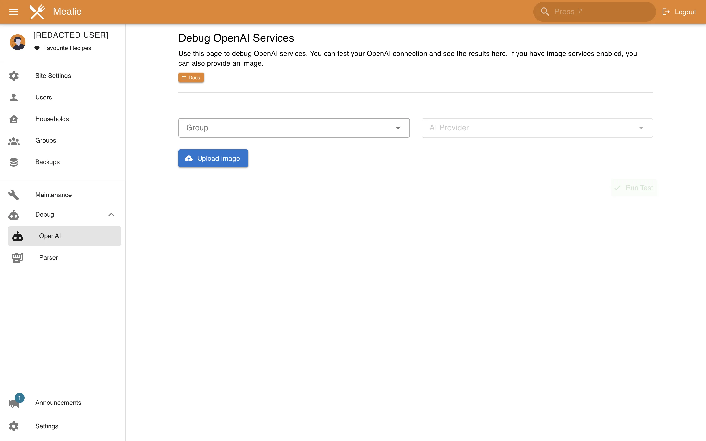 OpenAI service diagnostics with credential fields redacted in the Mealie interface
