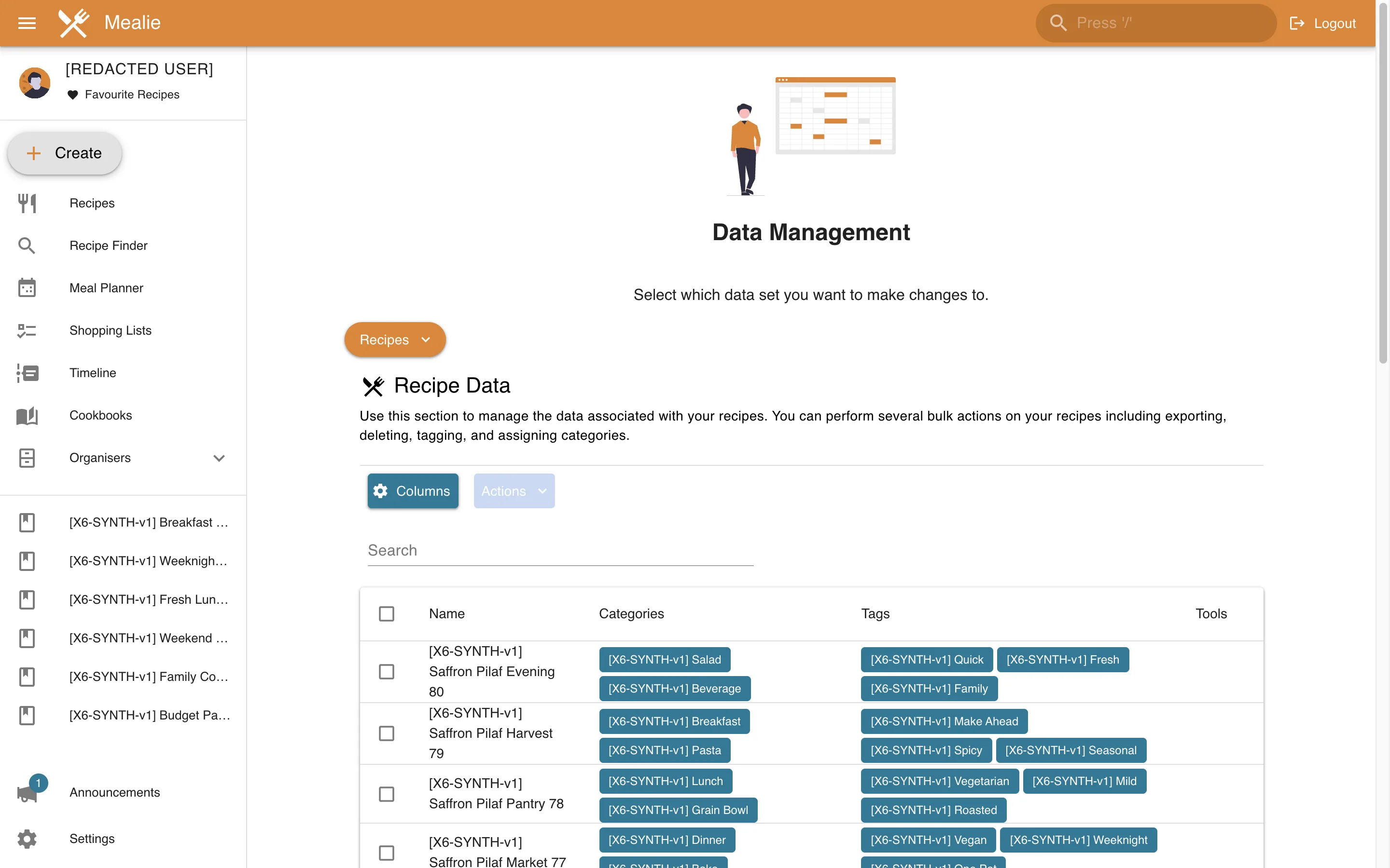 Recipe data management table and non-executed export controls in the Mealie interface