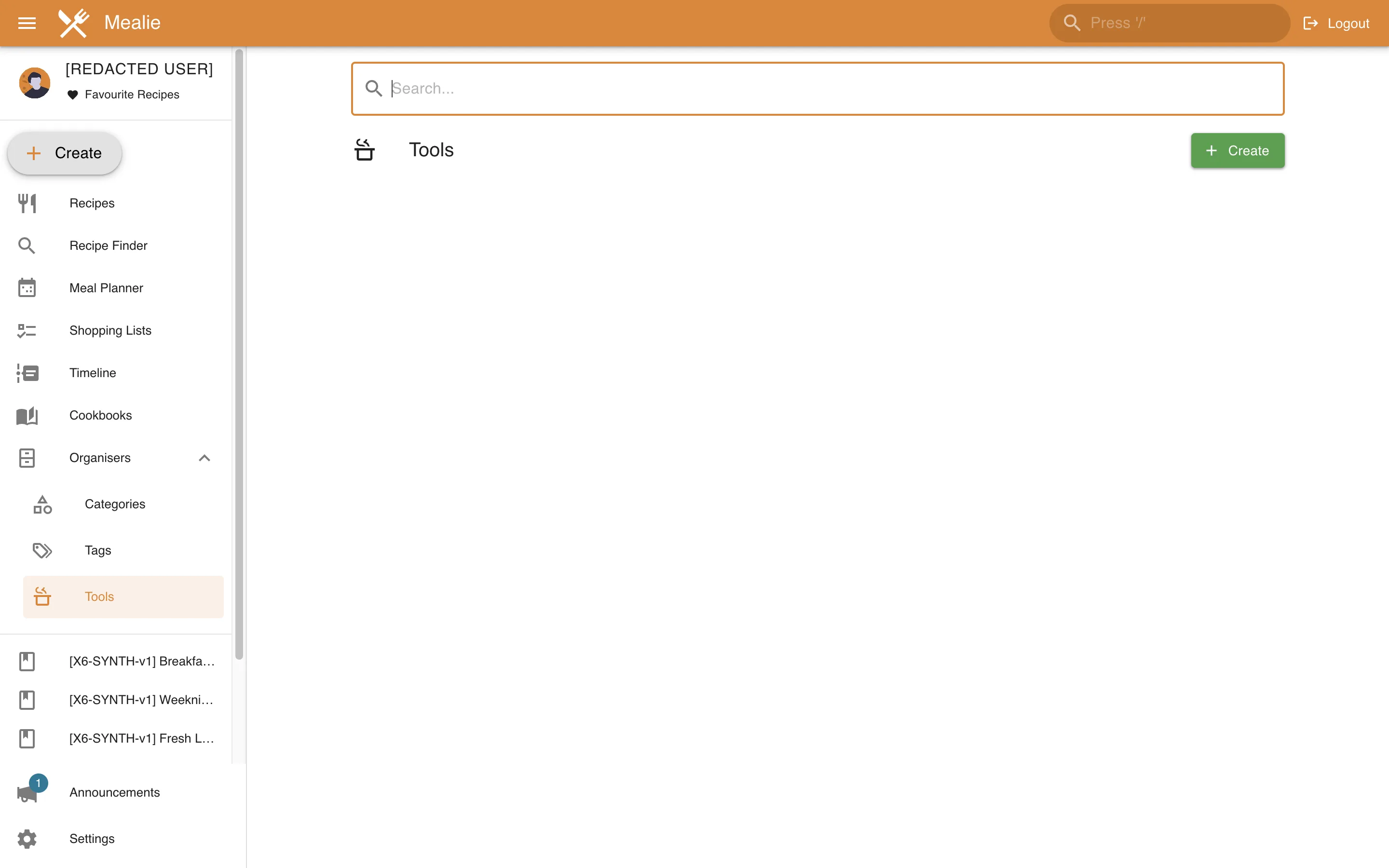 Recipe tools organizer in the Mealie interface