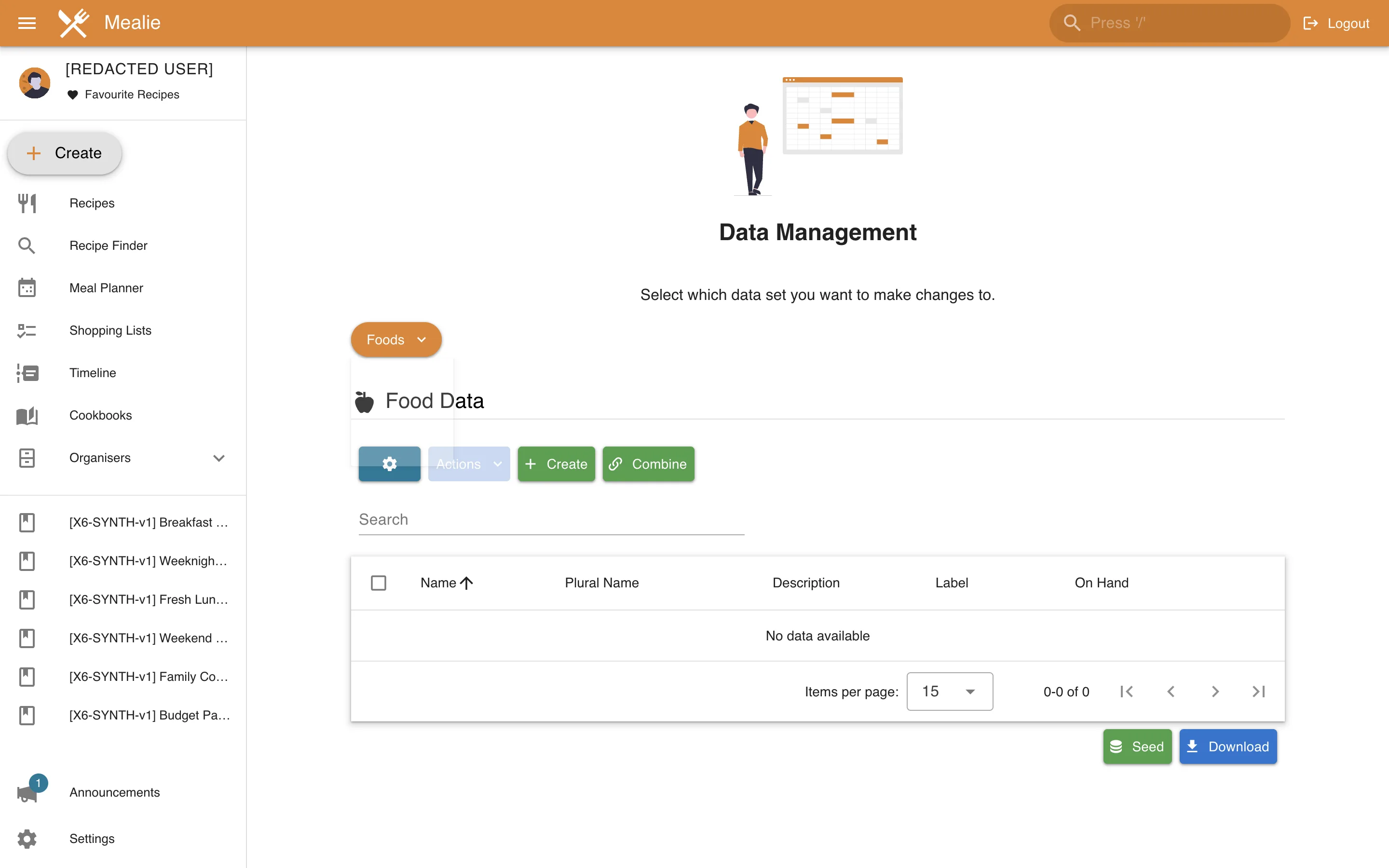 Data management dataset selector and food controls in the Mealie interface