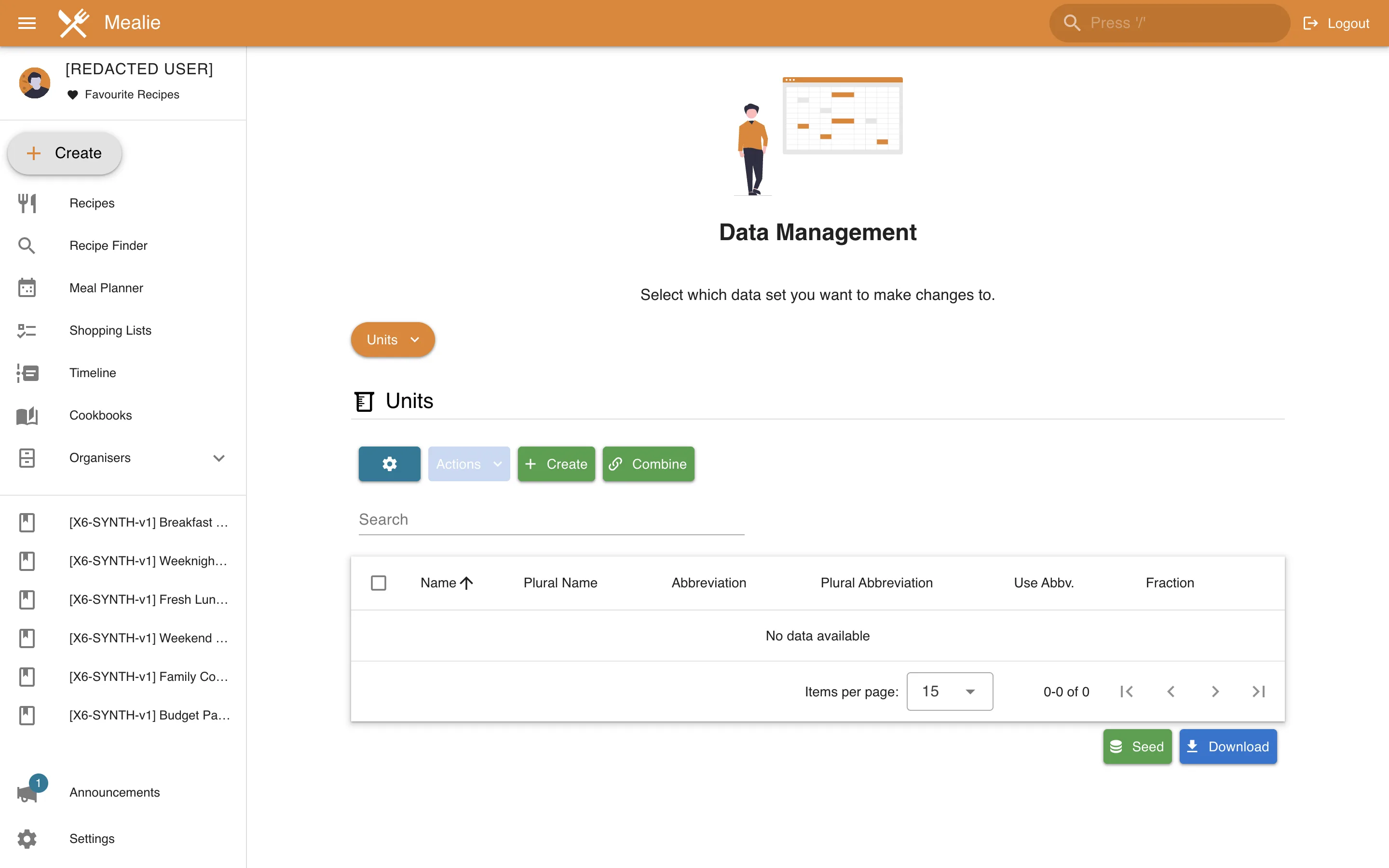 Unit data management with seed and download controls untouched in the Mealie interface