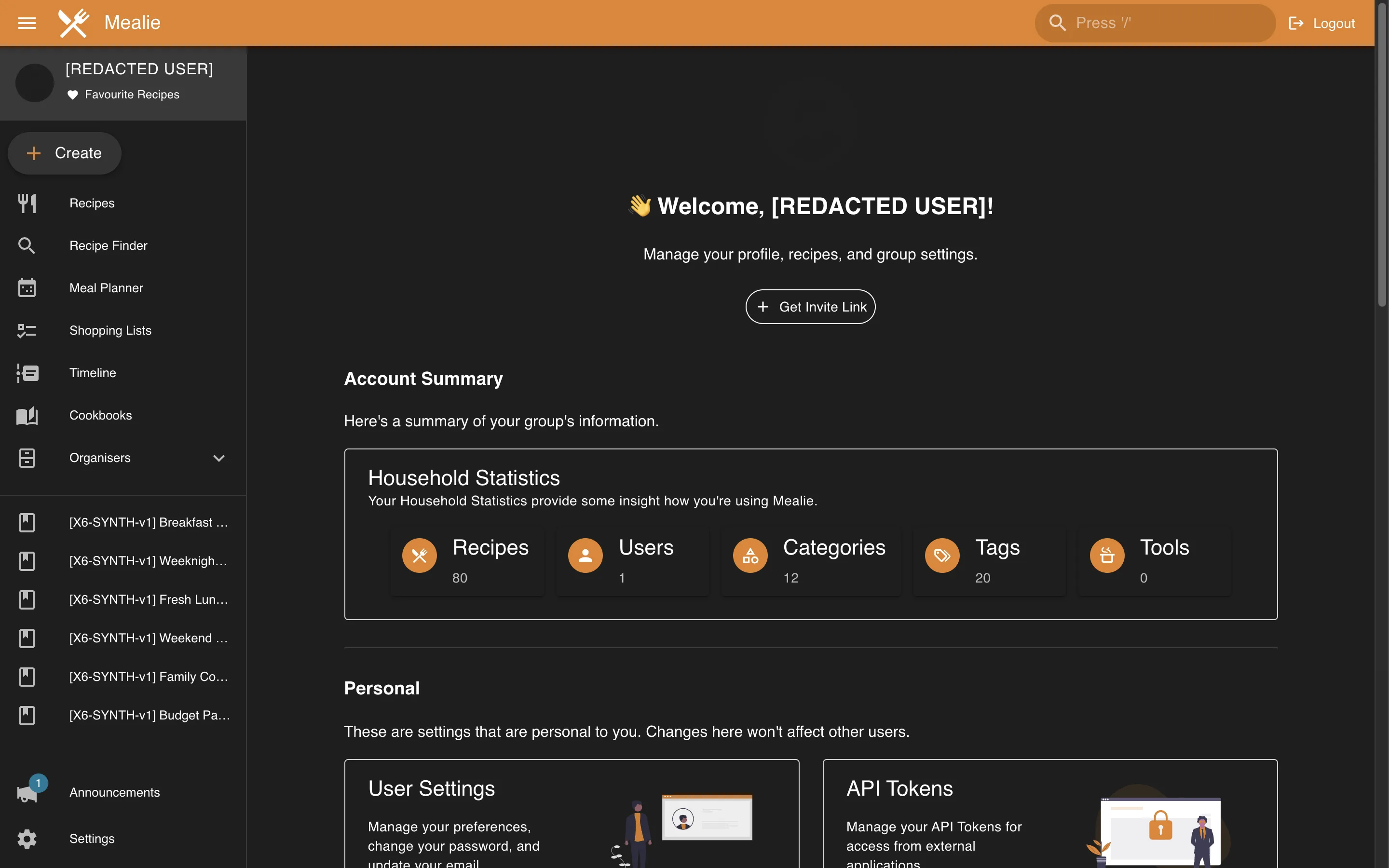 Redacted profile overview and settings directory in the Mealie interface