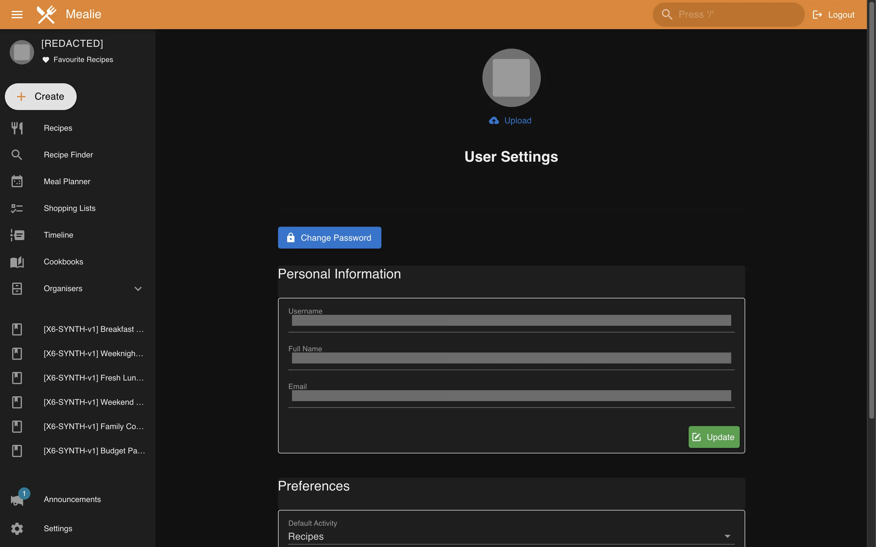 Redacted user profile, theme, and preference settings in the Mealie interface