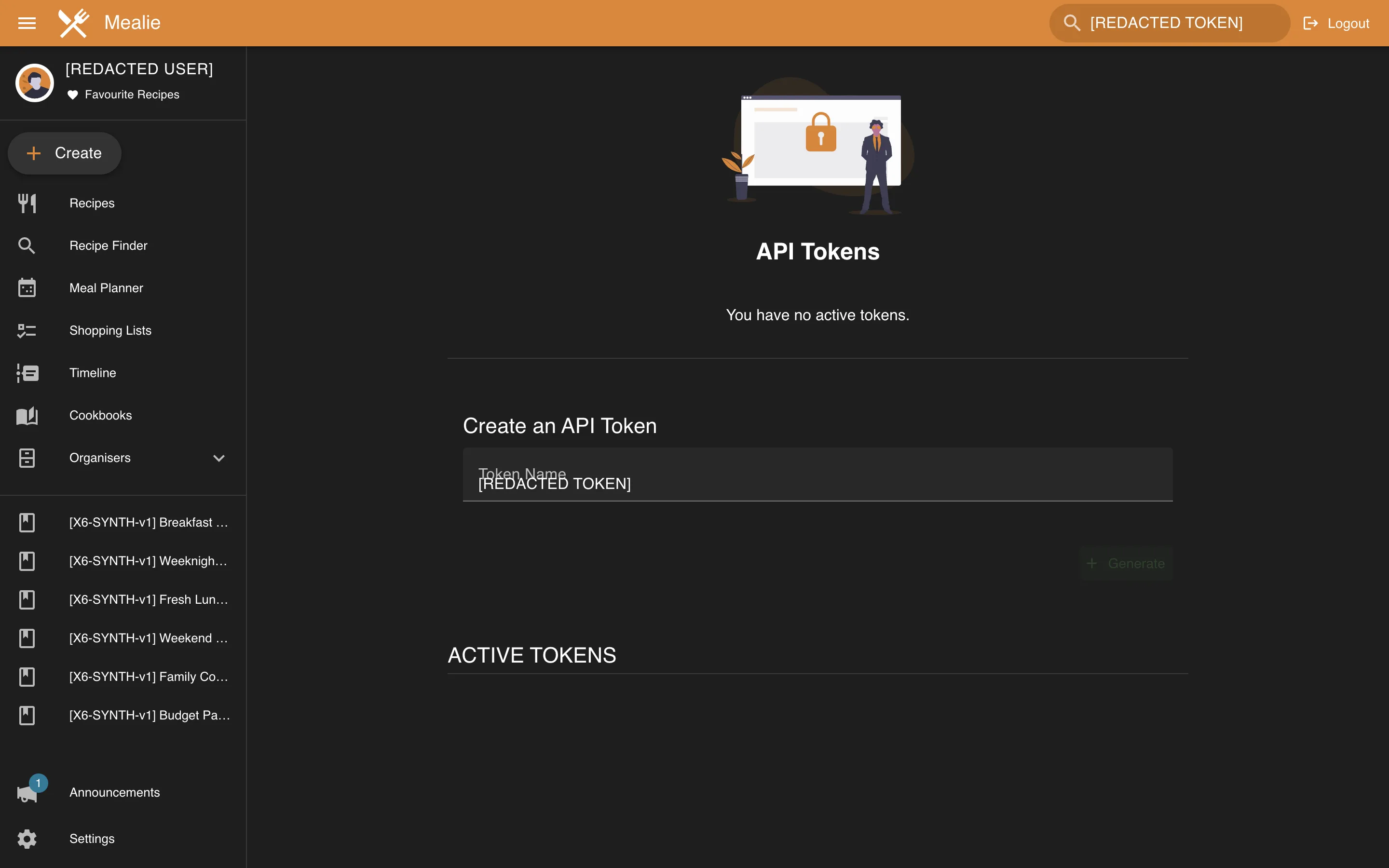 API token management with token fields redacted in the Mealie interface