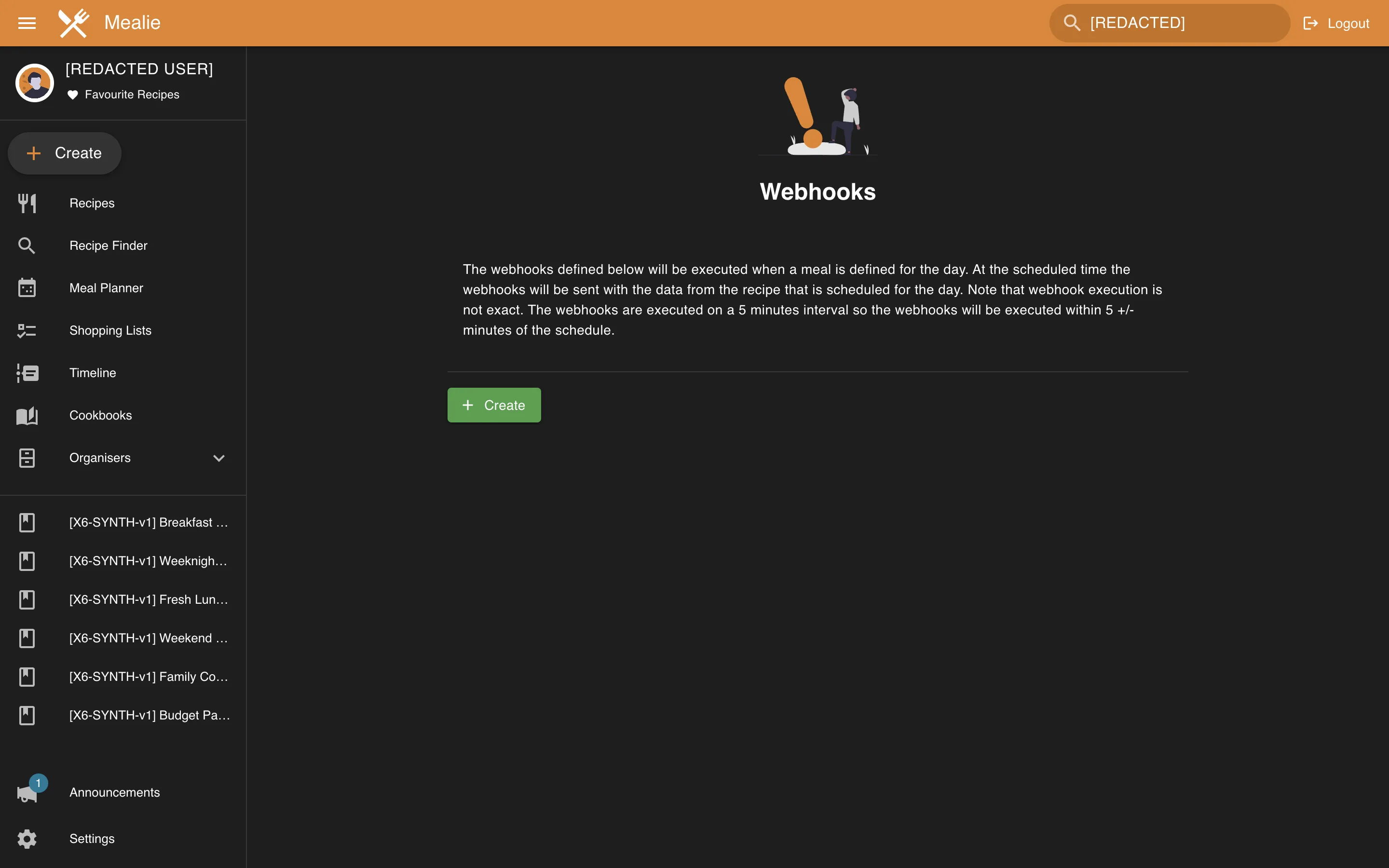 Webhook management with URLs and sensitive fields redacted in the Mealie interface