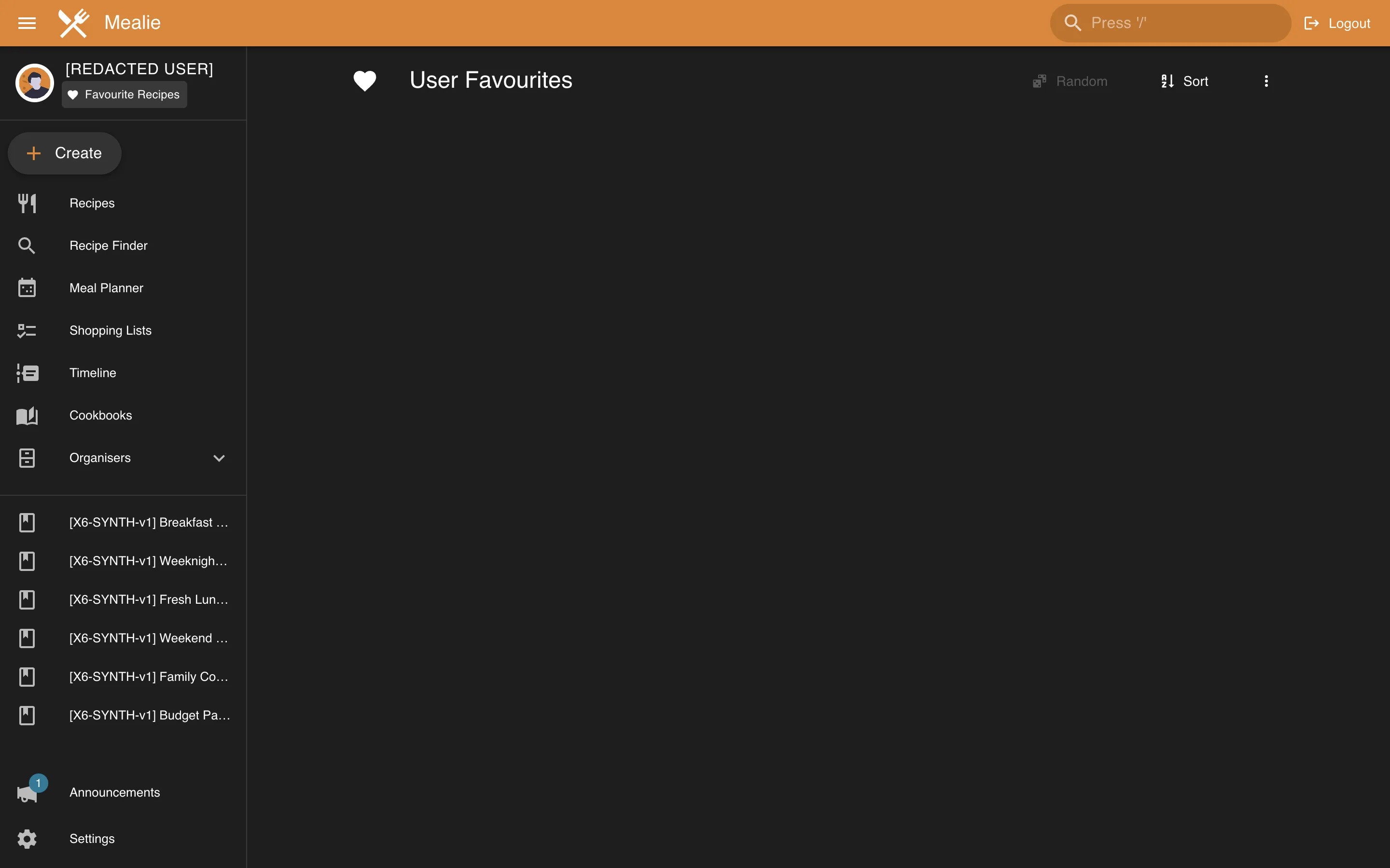 Favourite recipes view with redacted profile identity in the Mealie interface