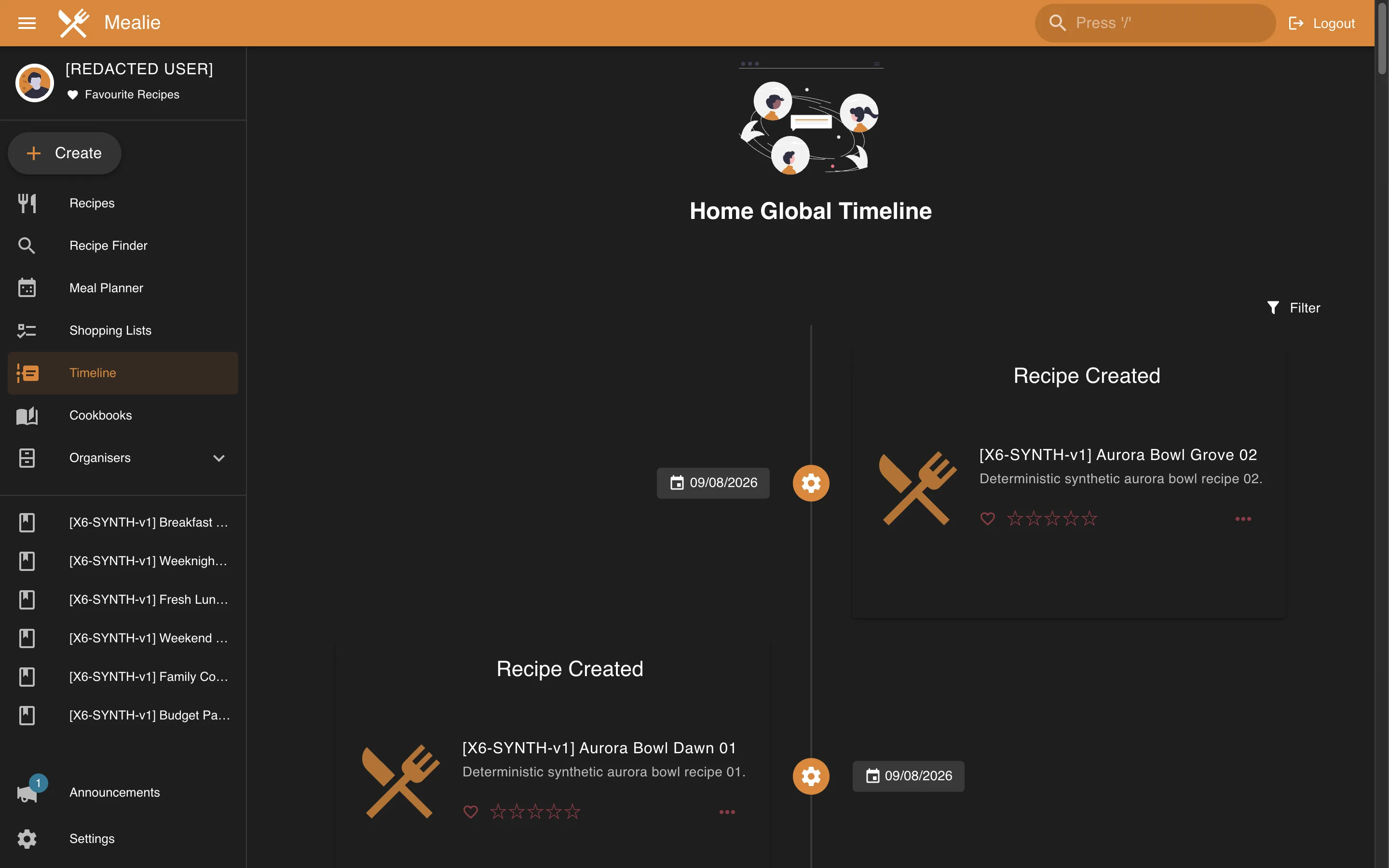Recipe activity timeline with redacted identity in the Mealie interface