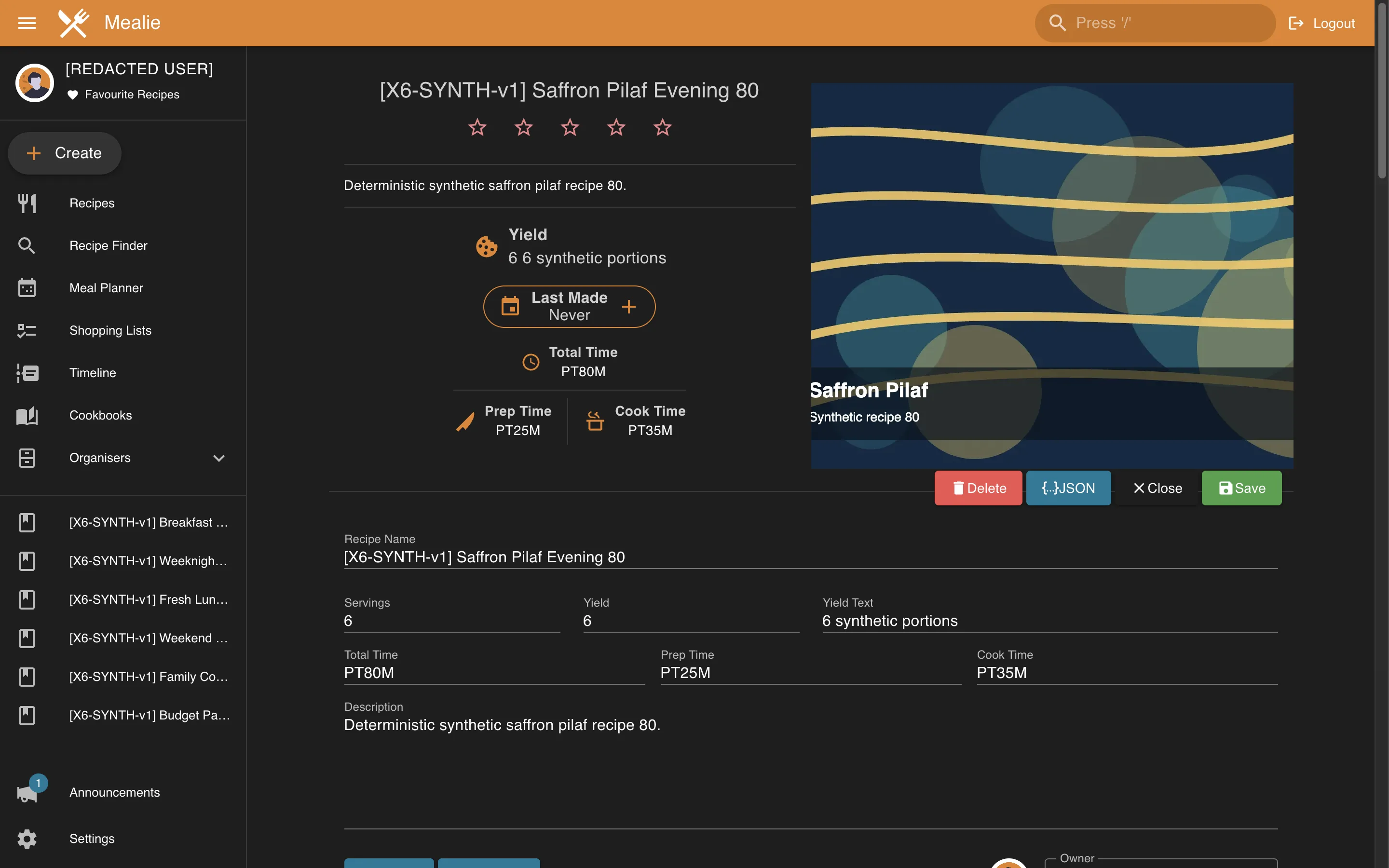 Populated recipe edit controls without saving changes in the Mealie interface