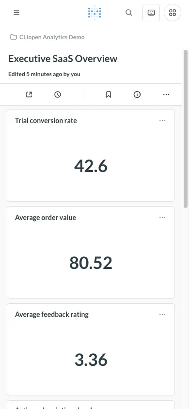 Executive dashboard overview - mobile light theme in the Metabase interface