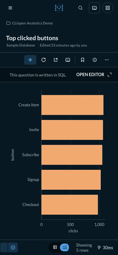Top button interactions - mobile dark theme in the Metabase interface