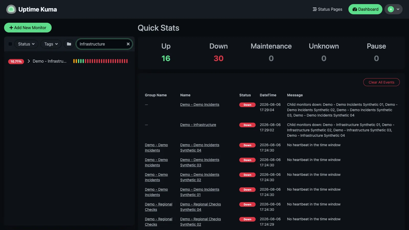 Dashboard monitor search in the Uptime Kuma desktop interface