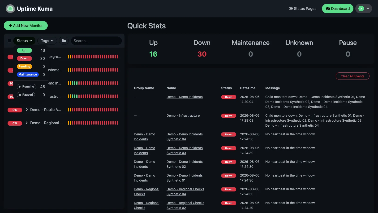 Monitor status filter menu in the Uptime Kuma desktop interface