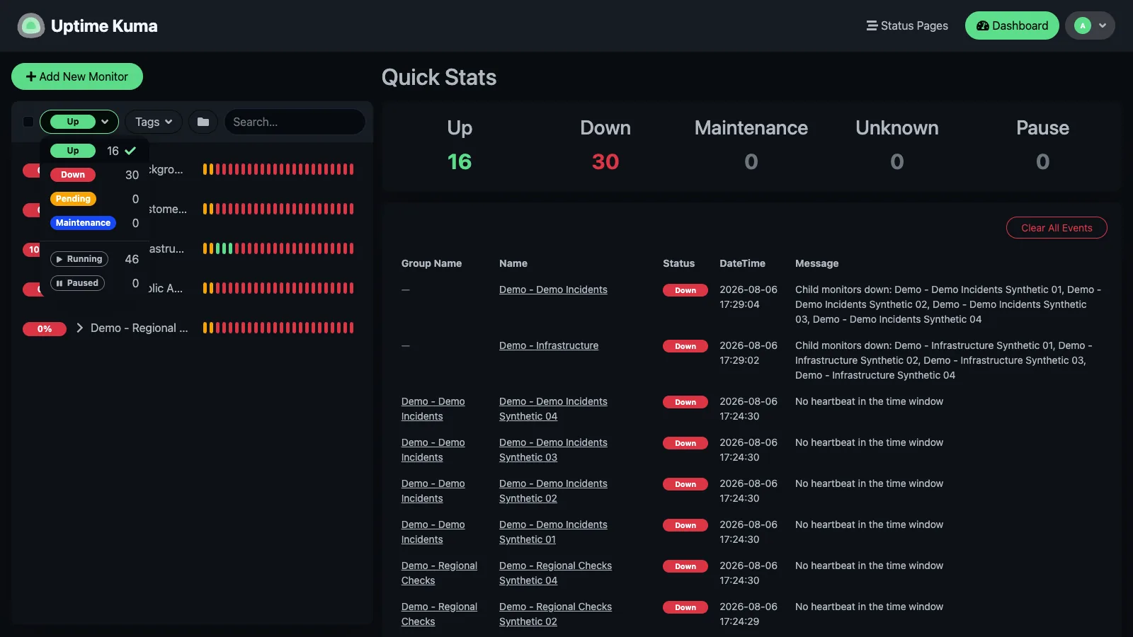 Up monitors filter in the Uptime Kuma desktop interface