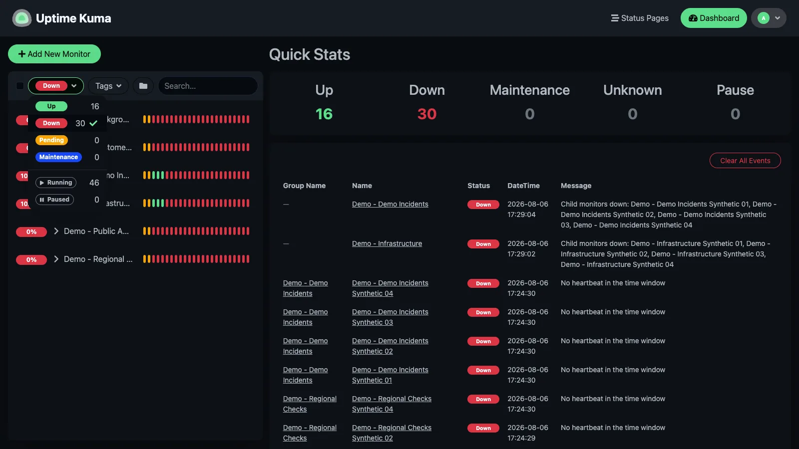 Down monitors filter in the Uptime Kuma desktop interface