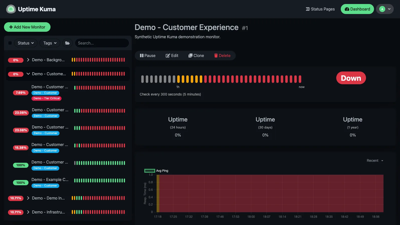 Customer experience group in the Uptime Kuma desktop interface