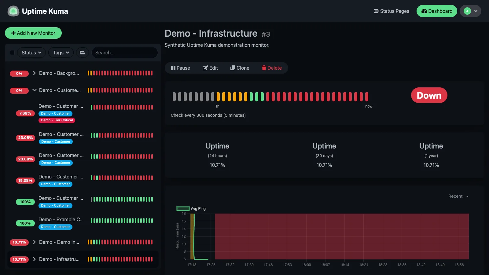 Infrastructure group in the Uptime Kuma desktop interface