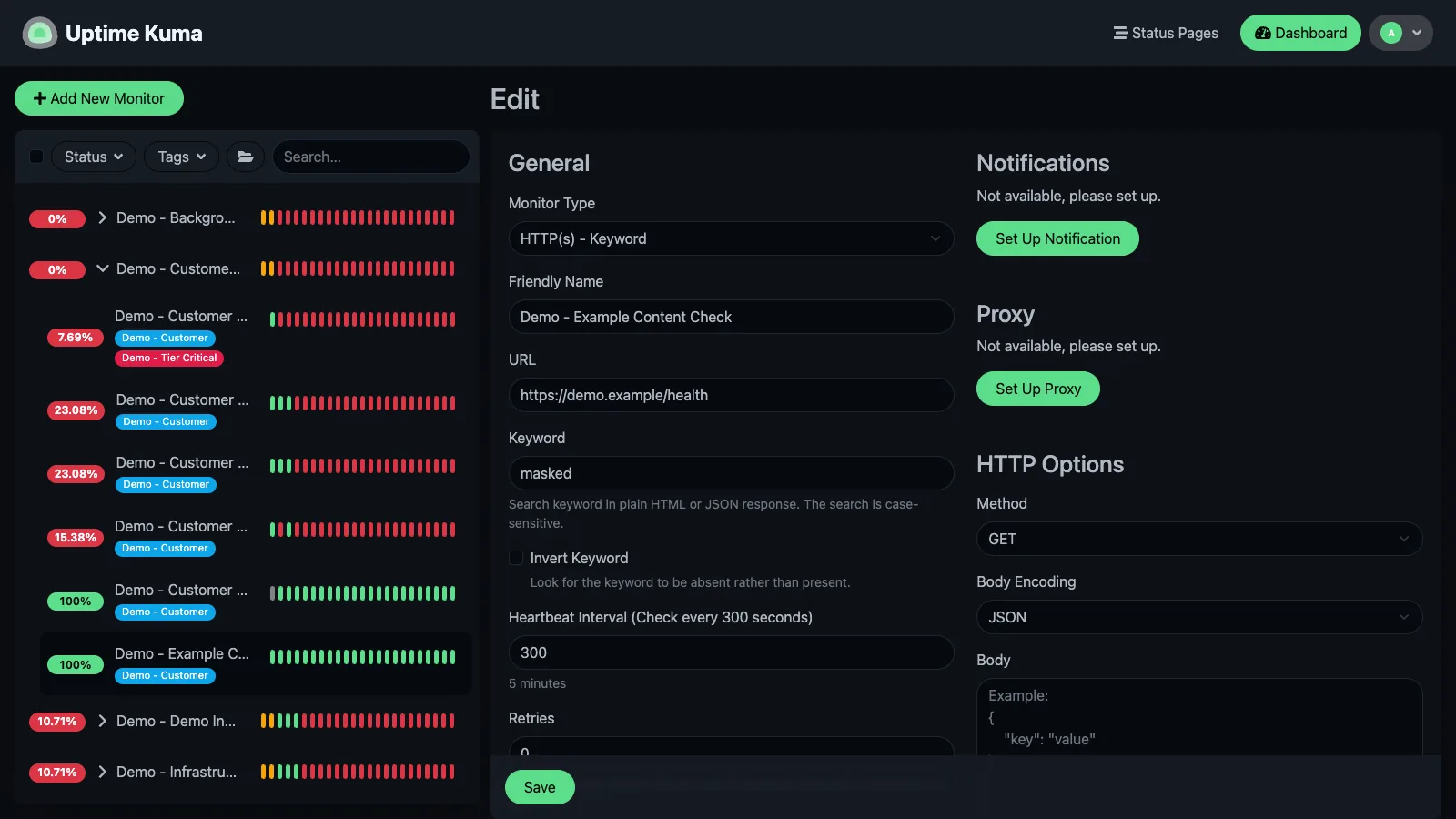 Edit keyword monitor form in the Uptime Kuma desktop interface