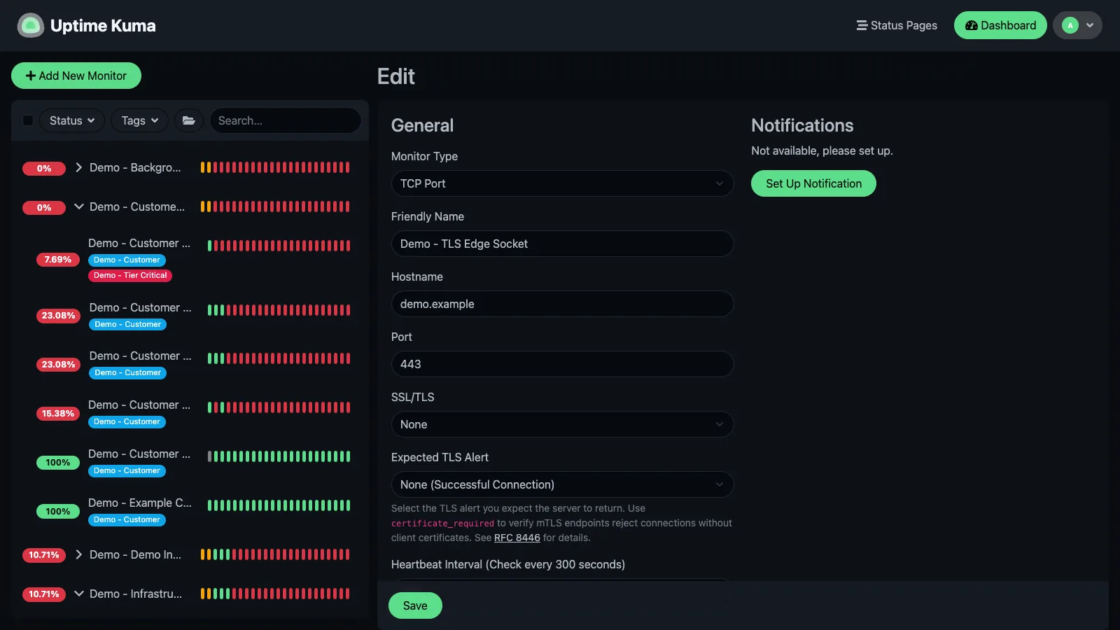 Edit TCP port monitor form in the Uptime Kuma desktop interface