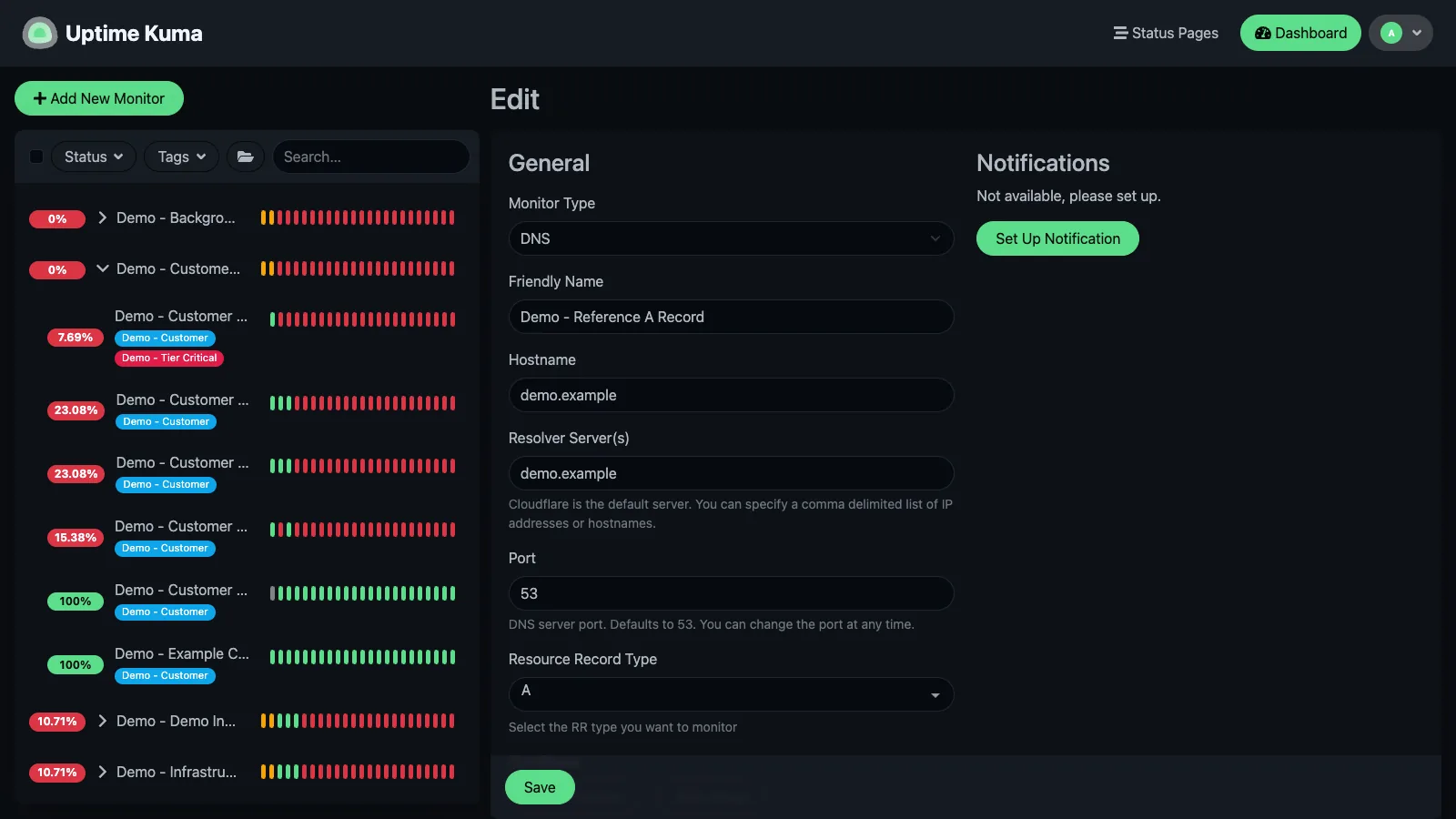 Edit DNS monitor form in the Uptime Kuma desktop interface