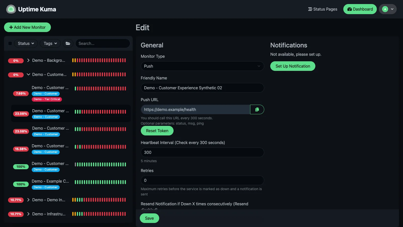 Edit push monitor form in the Uptime Kuma desktop interface