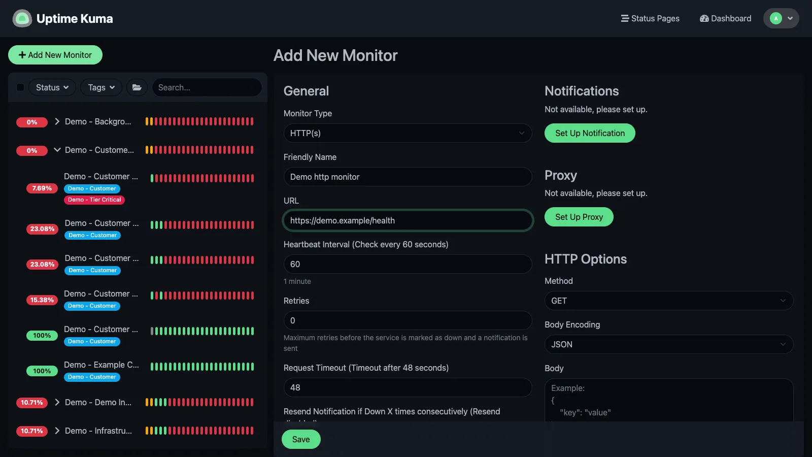Add HTTP monitor form in the Uptime Kuma desktop interface