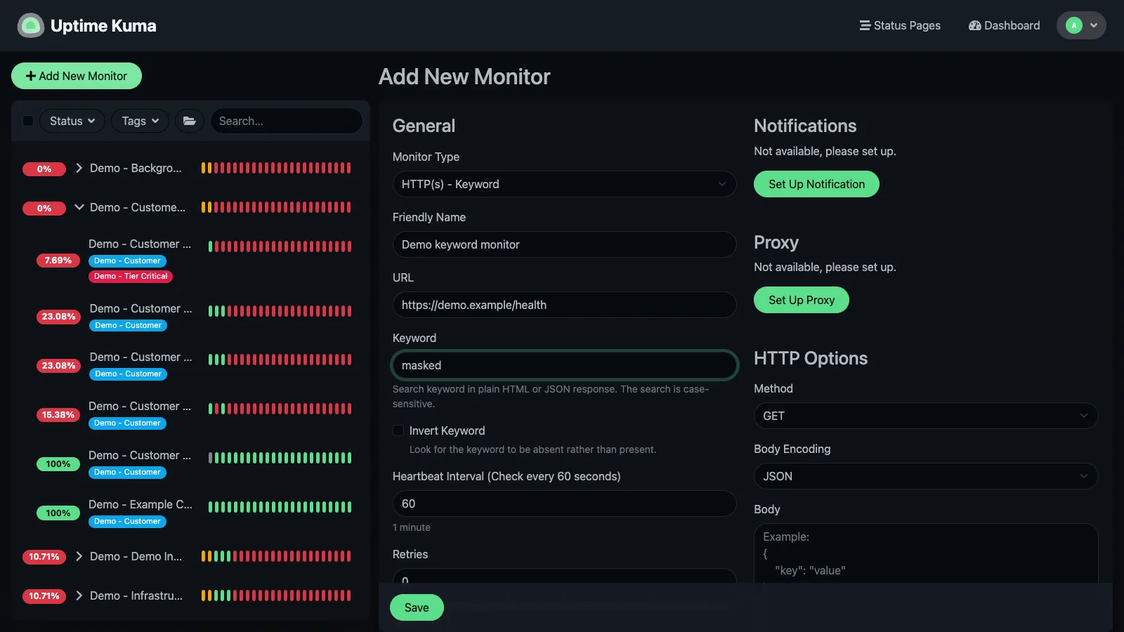 Add keyword monitor form in the Uptime Kuma desktop interface