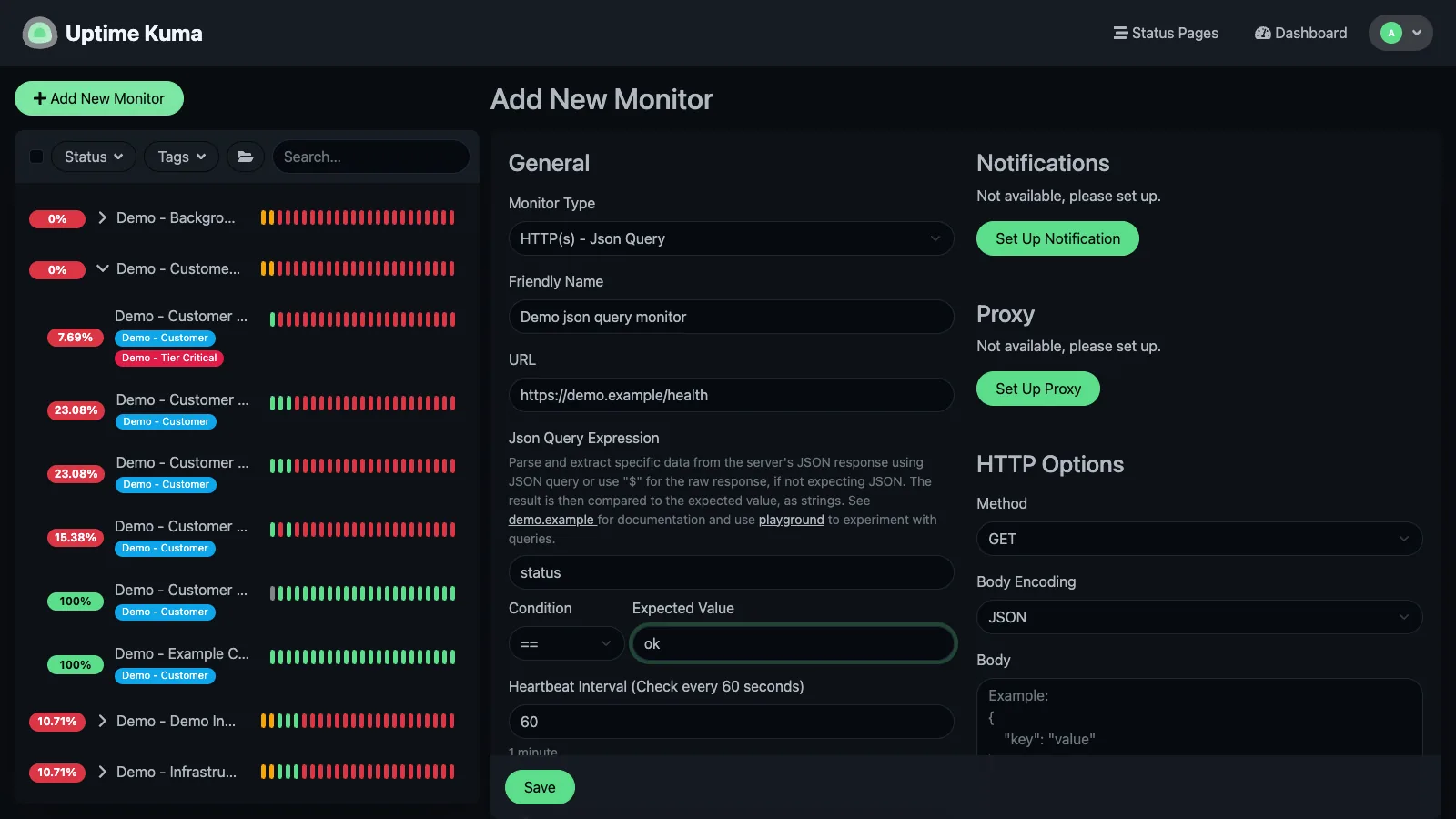 Add JSON query monitor form in the Uptime Kuma desktop interface