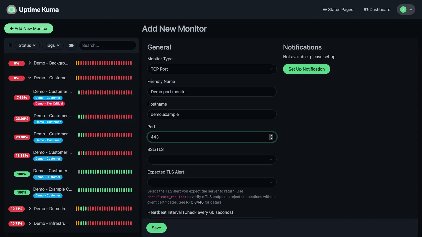 Add TCP port monitor form in the Uptime Kuma desktop interface