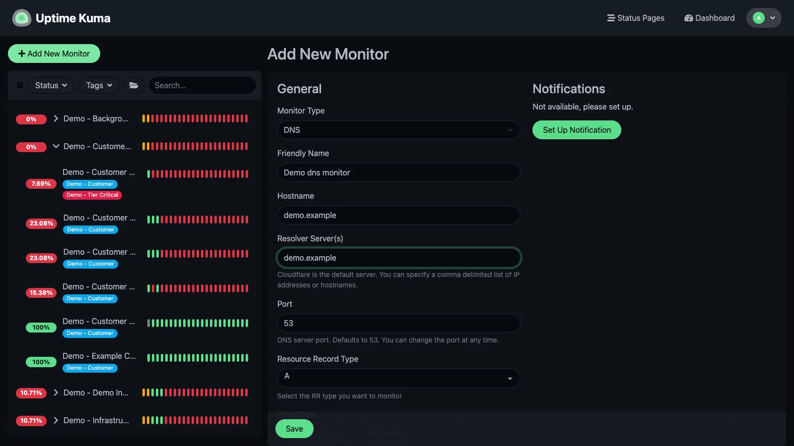 Add DNS monitor form in the Uptime Kuma desktop interface