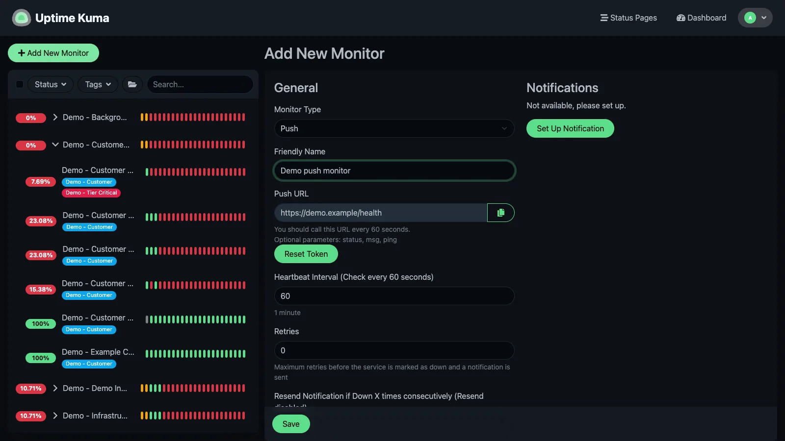 Add push monitor form in the Uptime Kuma desktop interface