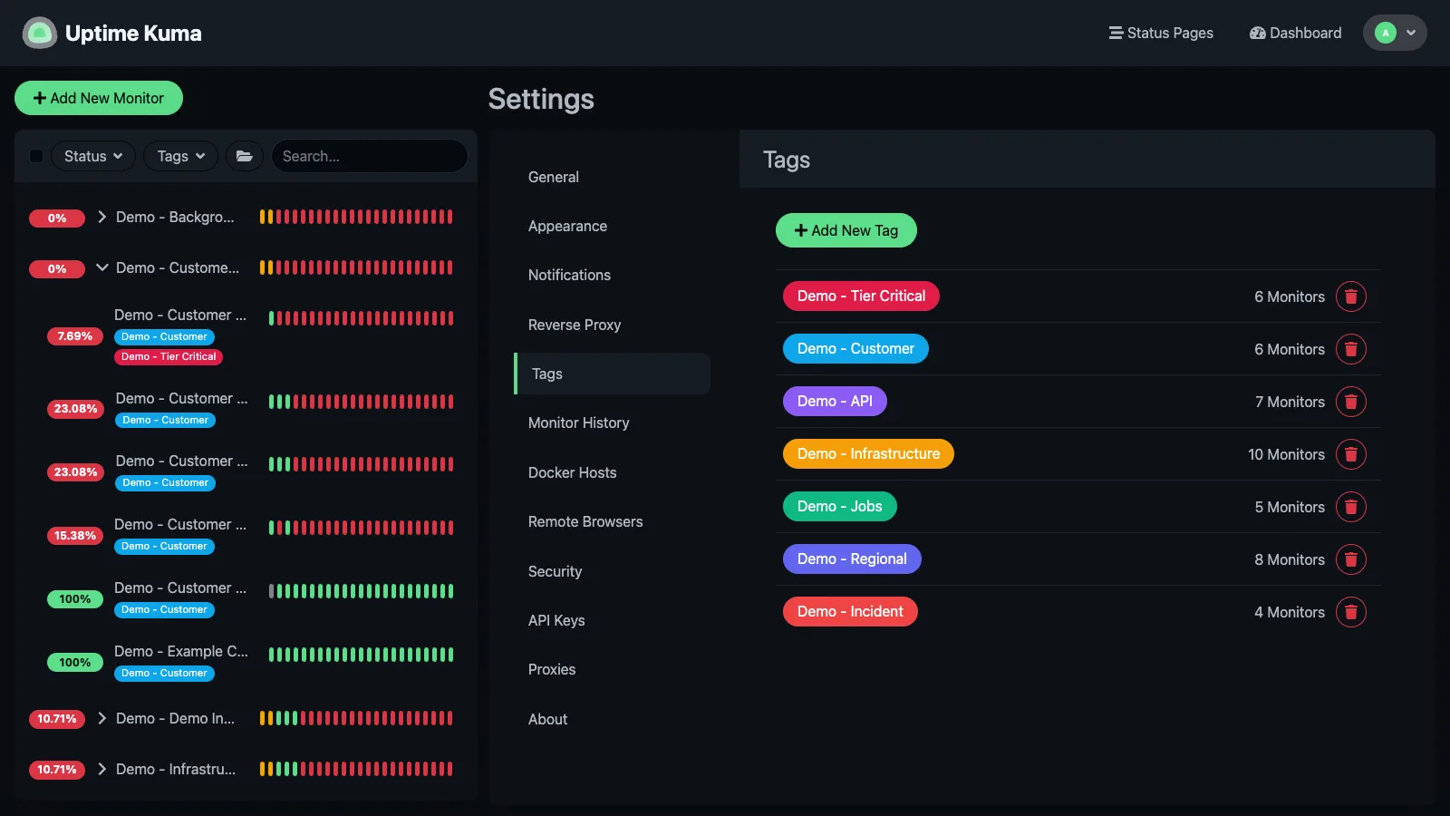 Tags management in the Uptime Kuma desktop interface