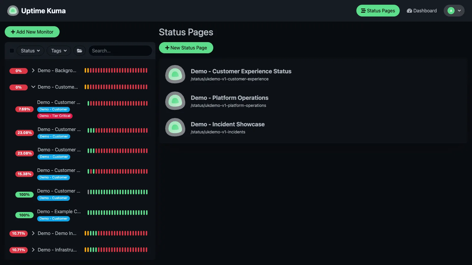 Status pages list in the Uptime Kuma desktop interface